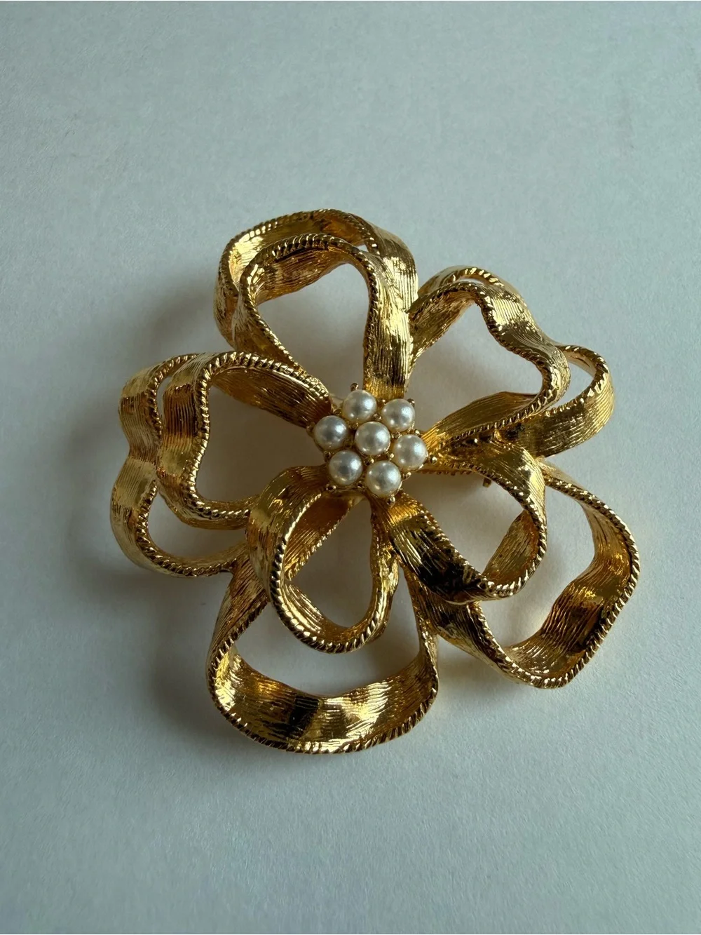 Vintage BSK Gold Ribbon Flower Brooch Faux Pearl Pin